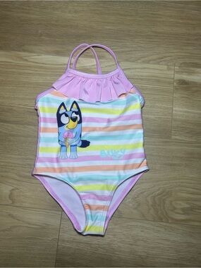 Lucy Pastel Rainbow Striped One-Piece Swimsuit with Bluey Character - Pink Trim